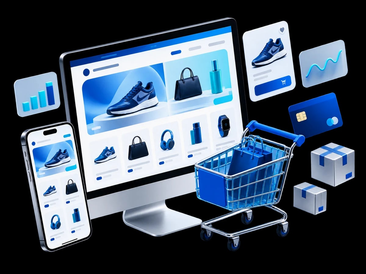 Ilustración de una tienda online con productos y carrito