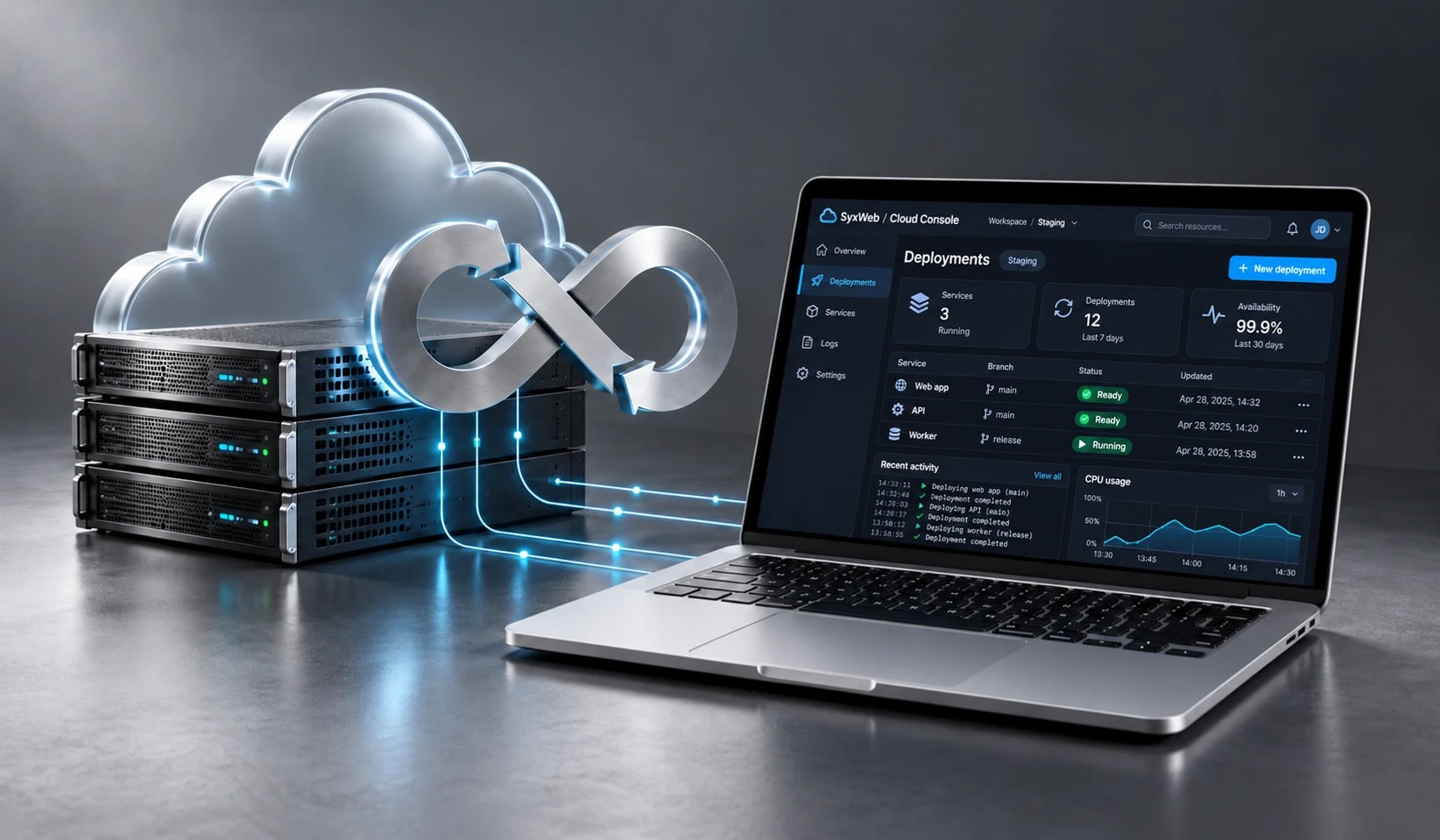 Laptop con panel de despliegue, servidores y nube para alojar un proyecto web