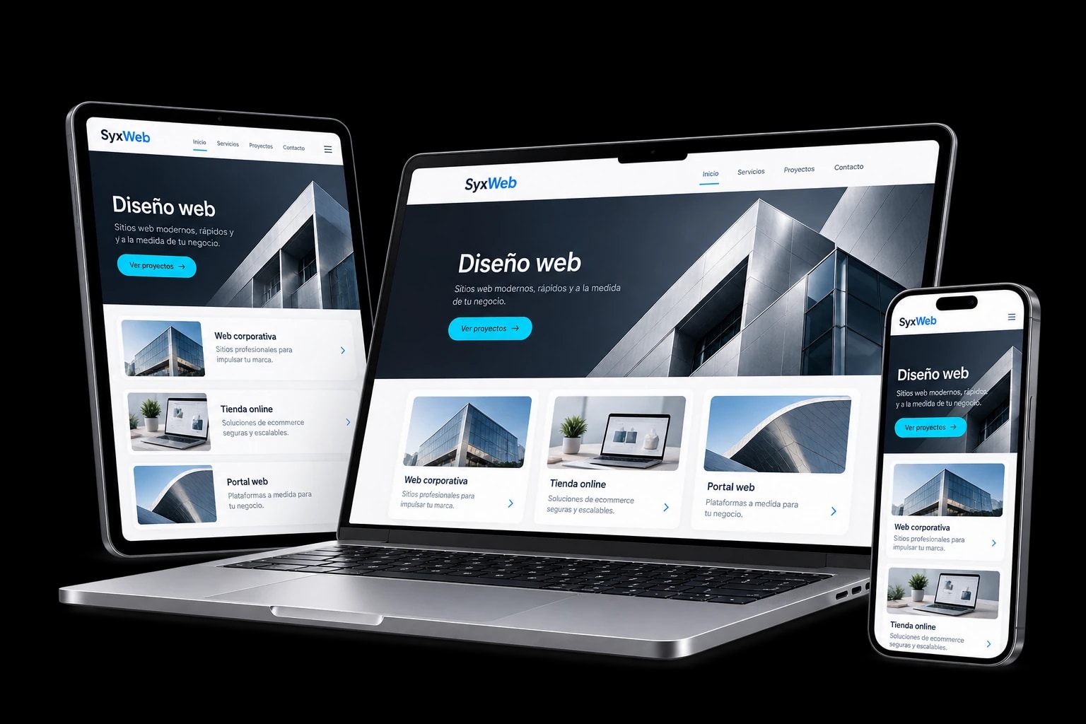Sitios web en laptop, tablet y móvil