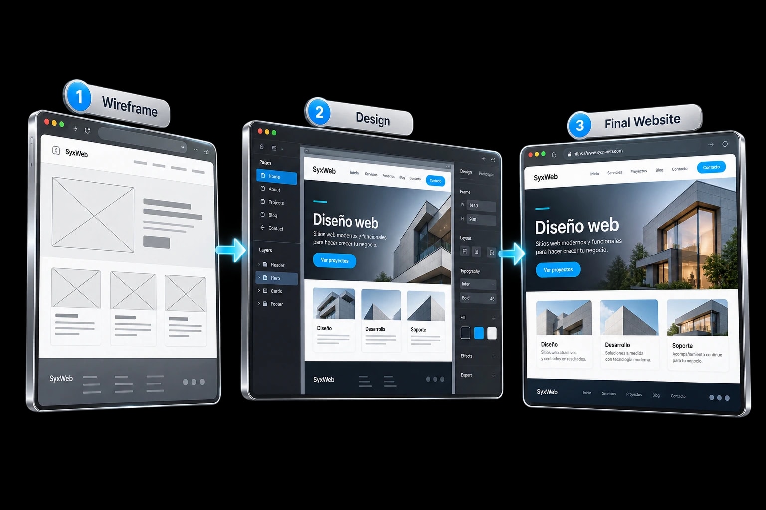 Proceso: Wireframe, Diseño, Sitio web final