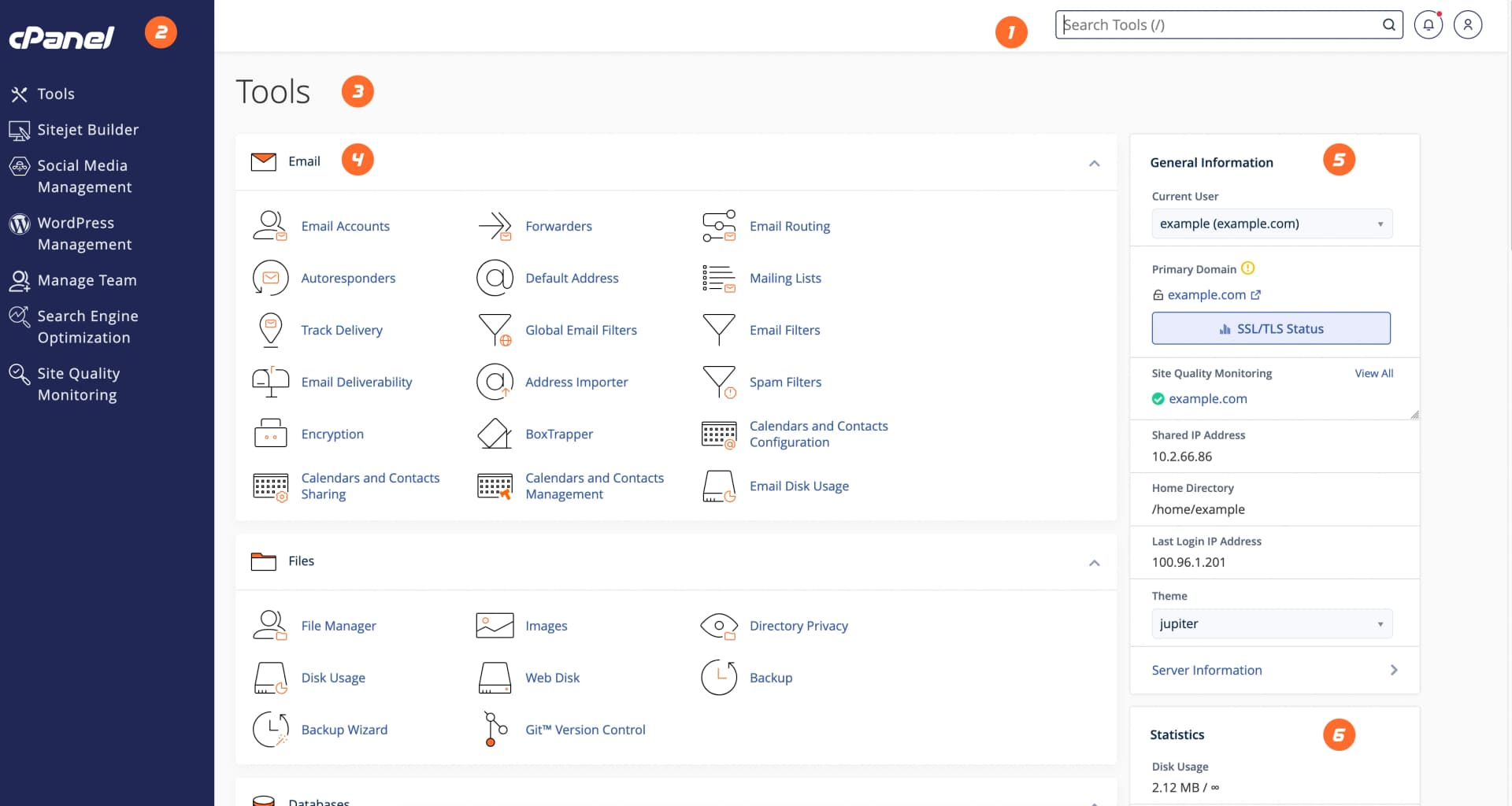 Interfaz de referencia de cPanel para administrar el alojamiento con un proveedor externo