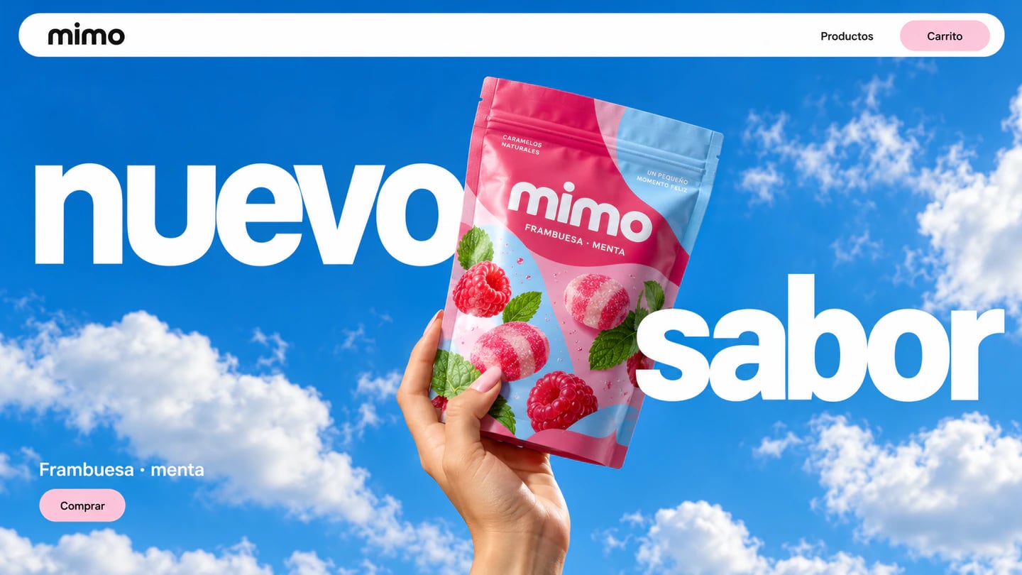 Ejemplo de tienda online de dulces con un envase rosa sobre un cielo azul